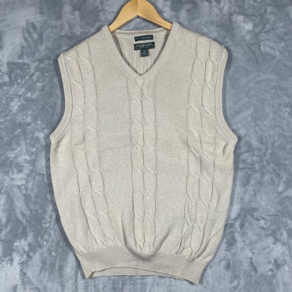 Lyle & Scott Scotland Mens V-Neck Cable Knit Cotton Sweater Vest Beige Size M